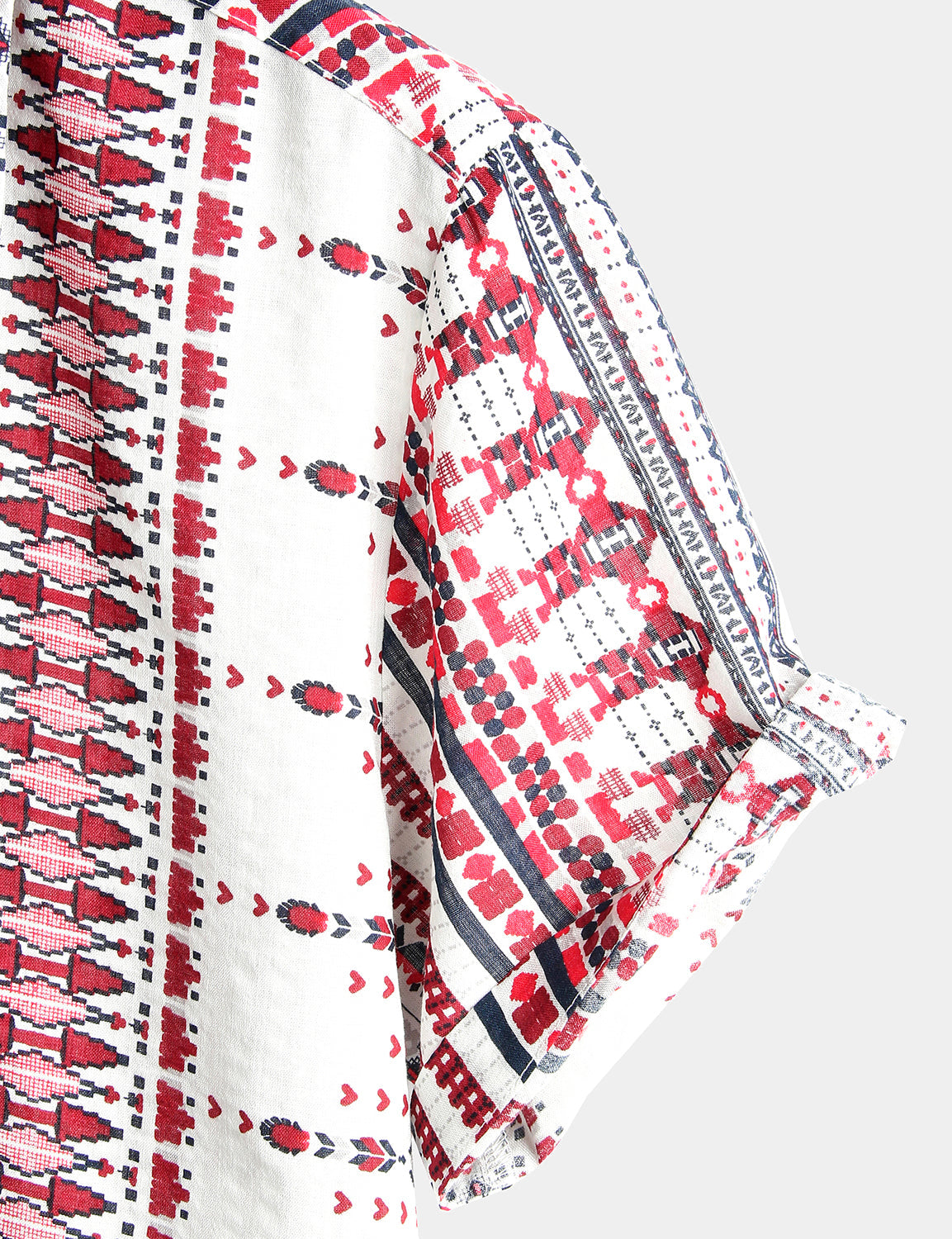 Men's Vintage Cotton Hawaiian White and Red Striped Beach Short Sleeve Shirt