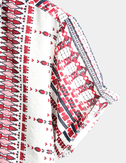 Men's Vintage Cotton Hawaiian White and Red Striped Beach Short Sleeve Shirt