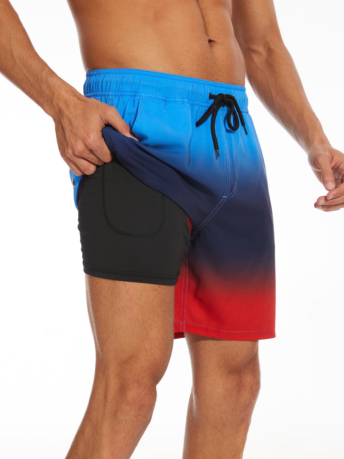 2 In 1 Drawstring Beach Swim Shorts With Pocket