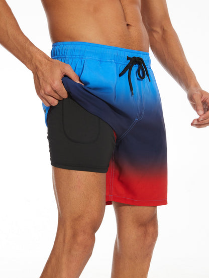 2 In 1 Drawstring Beach Swim Shorts With Pocket