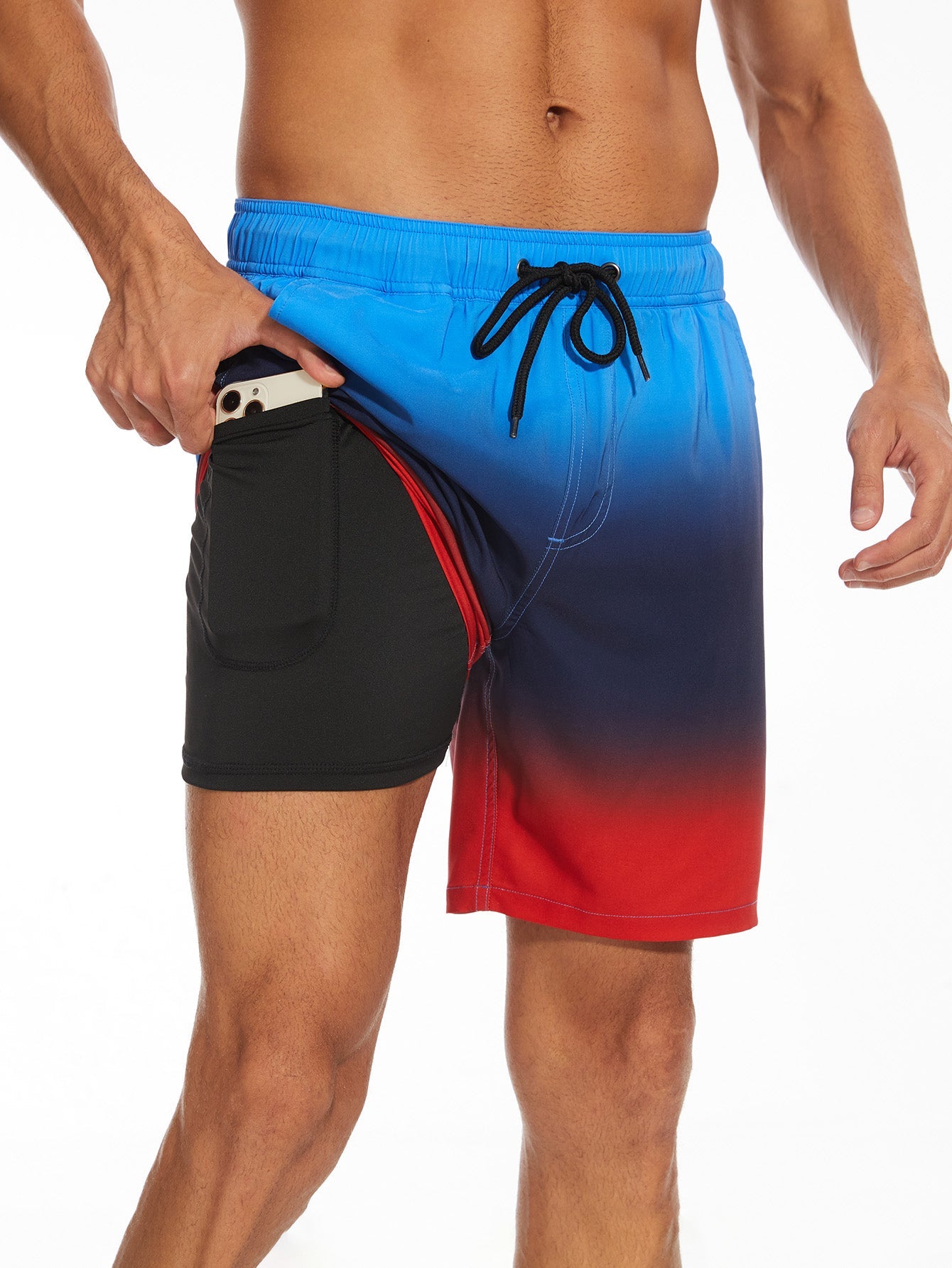 2 In 1 Drawstring Beach Swim Shorts With Pocket