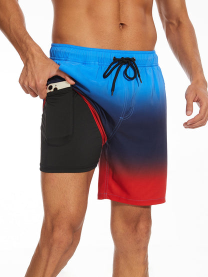 2 In 1 Drawstring Beach Swim Shorts With Pocket