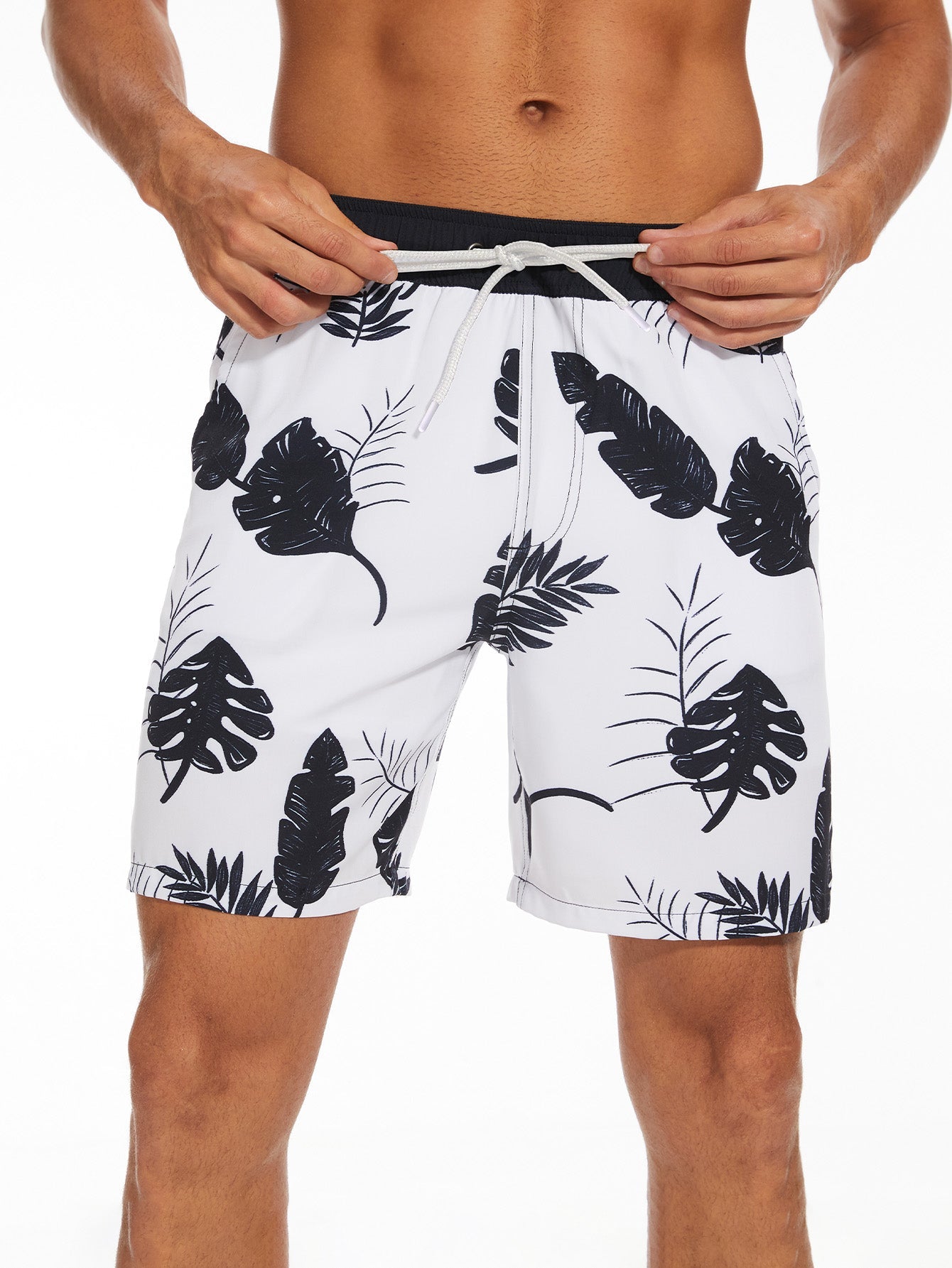 2 In 1 Tropical Leaves Print Swim Shorts