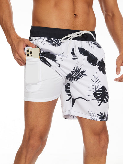 2 In 1 Tropical Leaves Print Swim Shorts