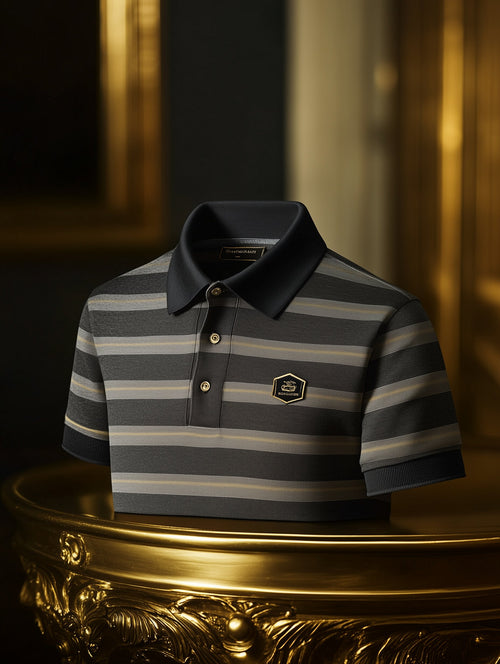 Men's Business Casual Button Striped Old Money Short Sleeve Polo Shirt