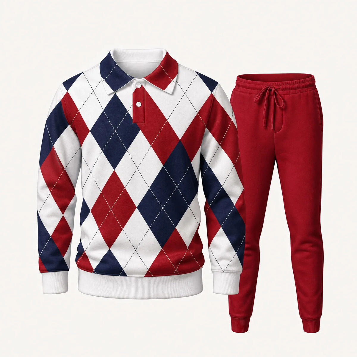 Men's Diamond-Patterned Polo Shirt and Pants Two-Piece Set