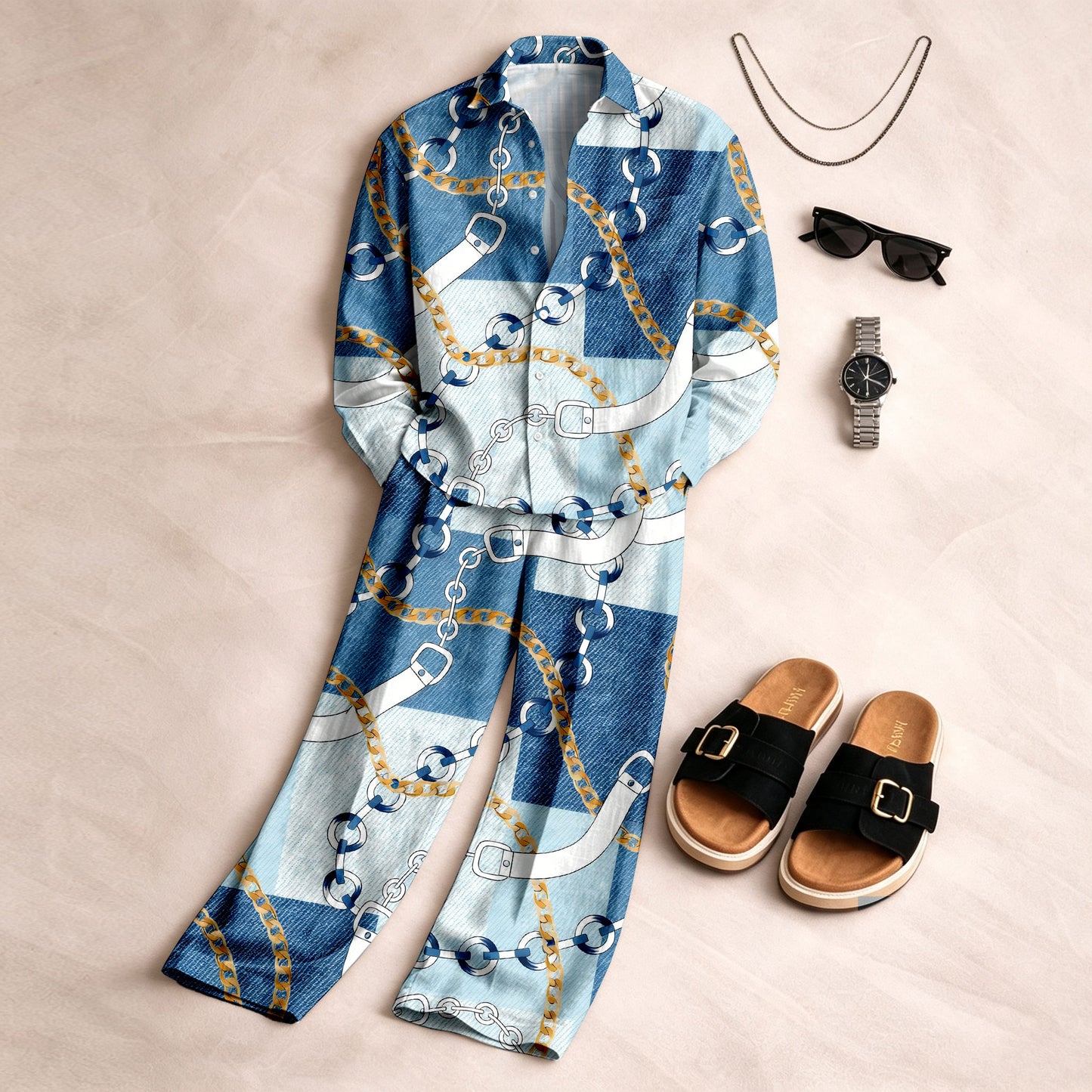 Men's Denim-Style Checkered Print Long-Sleeve Shirt and Pants Set