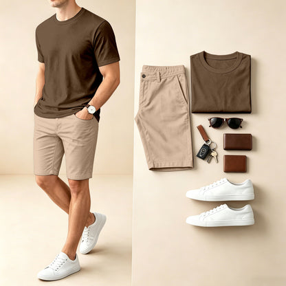 Men's Casual Checkered Print Round-Neck Short-Sleeve T-Shirt And Shorts Two-Piece Set
