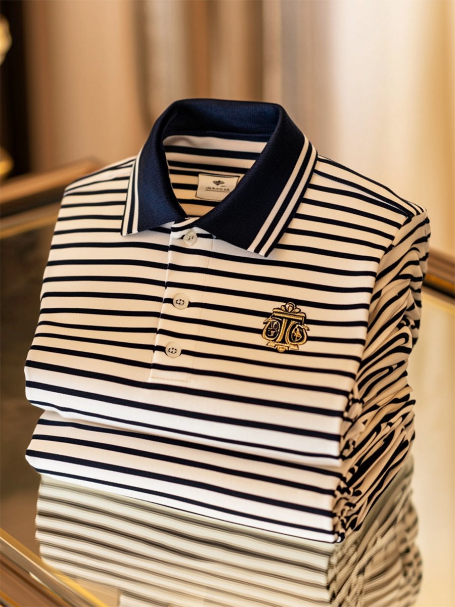Men's Business Casual Striped Logo Button Short Sleeve Polo Shirt