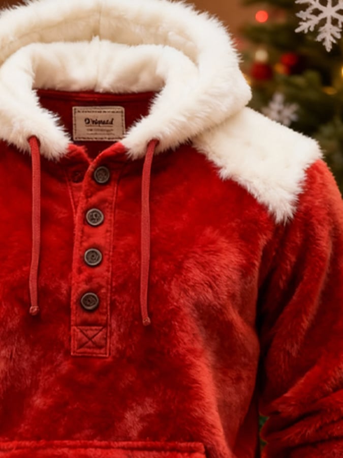 Men's Warm Plush Stitching Contrast Color Christmas Hooded Sweatshirt