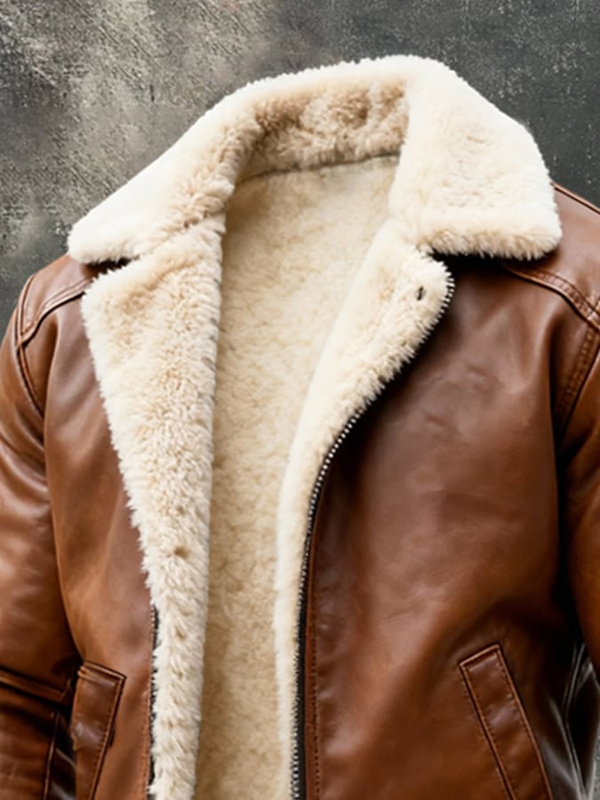 Men'S Vintage Warm Plush Soft Leather Outdoor Jacket