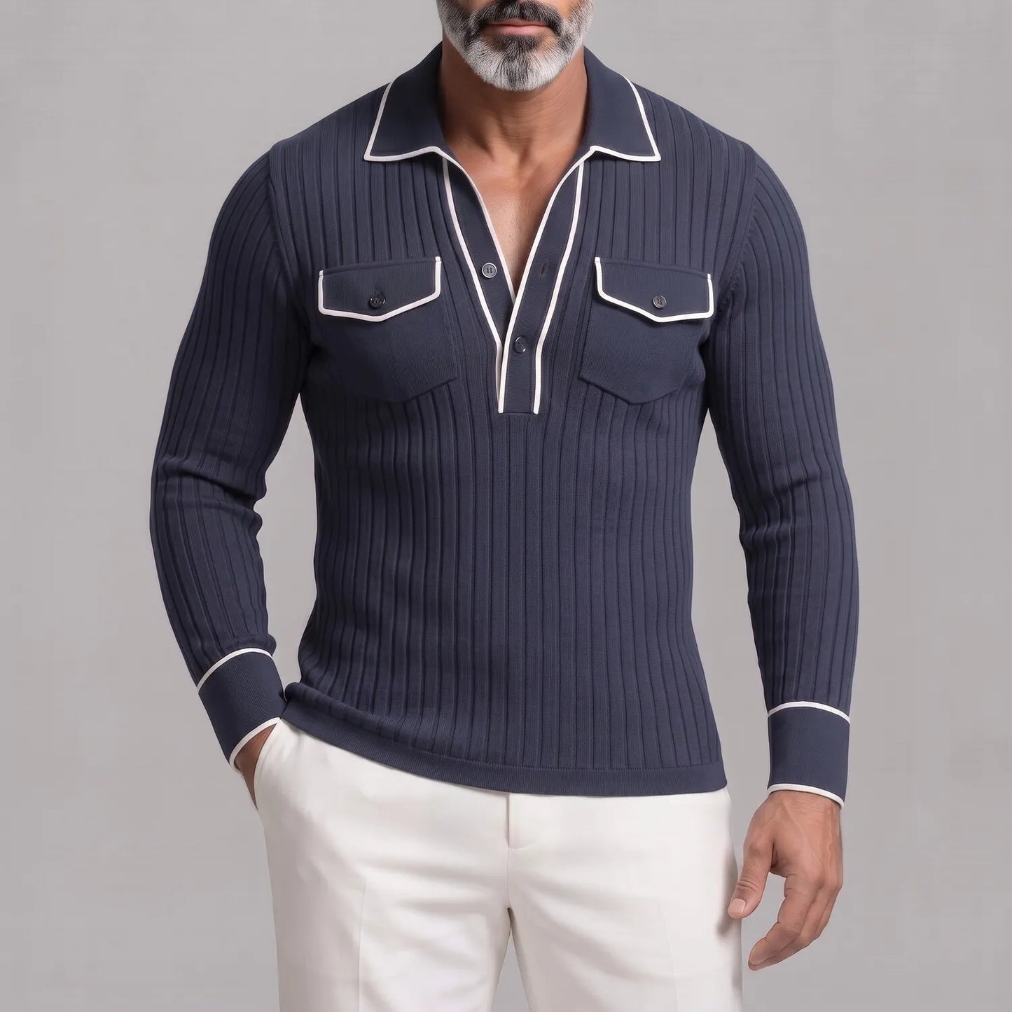 Men's Ribbed Knit Contrast Piping Chest Pockets Slim Fit Long Sleeve Polo Shirt