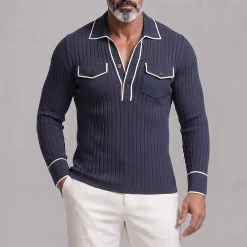 Men's Ribbed Knit Contrast Piping Chest Pockets Slim Fit Long Sleeve Polo Shirt