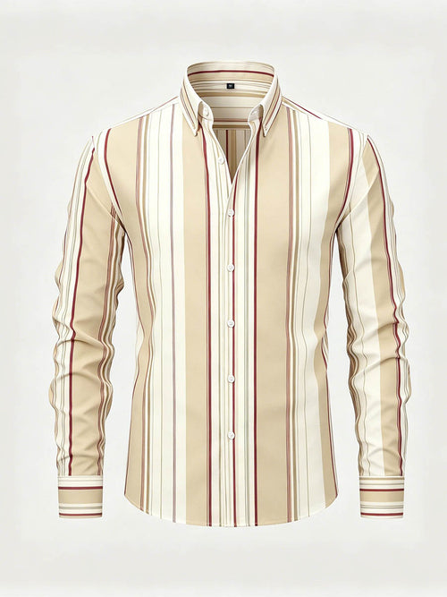 Men's Apricot Color Matching Checkered Printed Long Sleeve Shirt