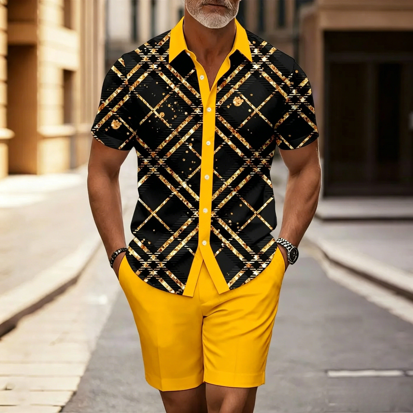 Men's Casual Yellow & Black Color Matching Checkered Print Short-Sleeve Shirt & Shorts Two-Piece Set