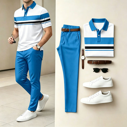 Men's Casual Geometry Printed Polo Shirt And Pants Two-Piece Set