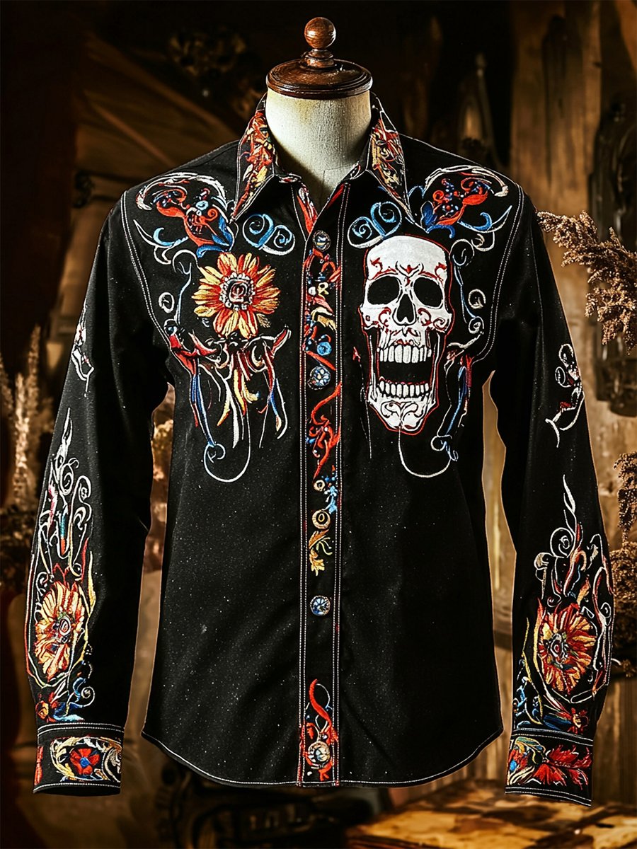 Men's Retro Casual Skull Print Long Sleeve Shirt