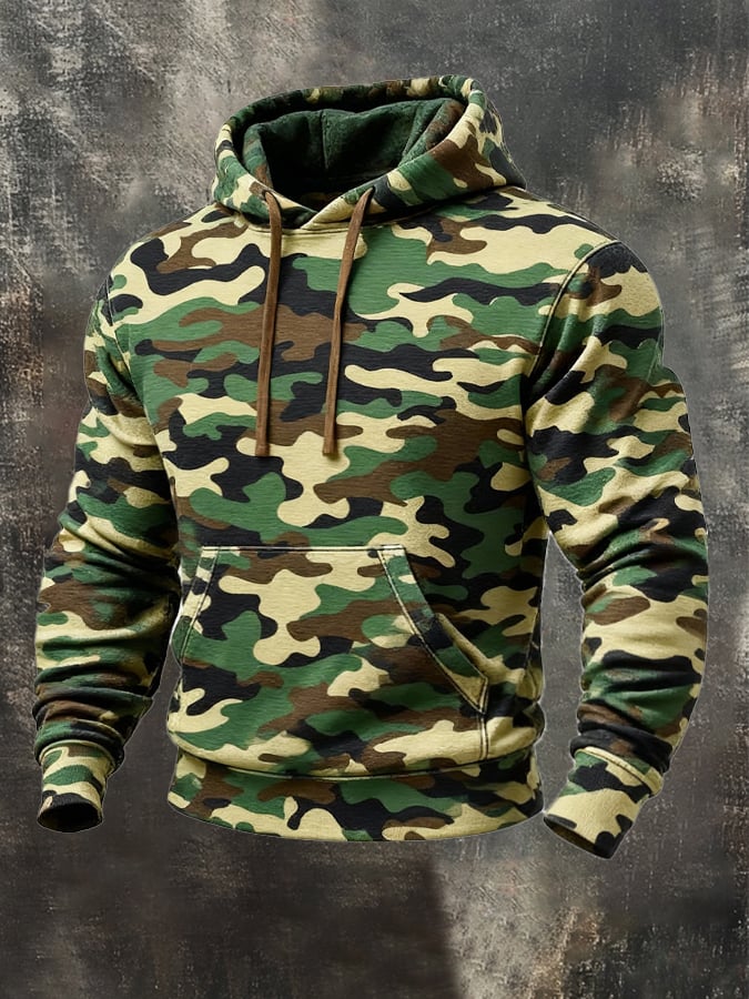 Men's Retro Distressed Color Block Camouflage Print Casual Long Sleeve Sweatshirt