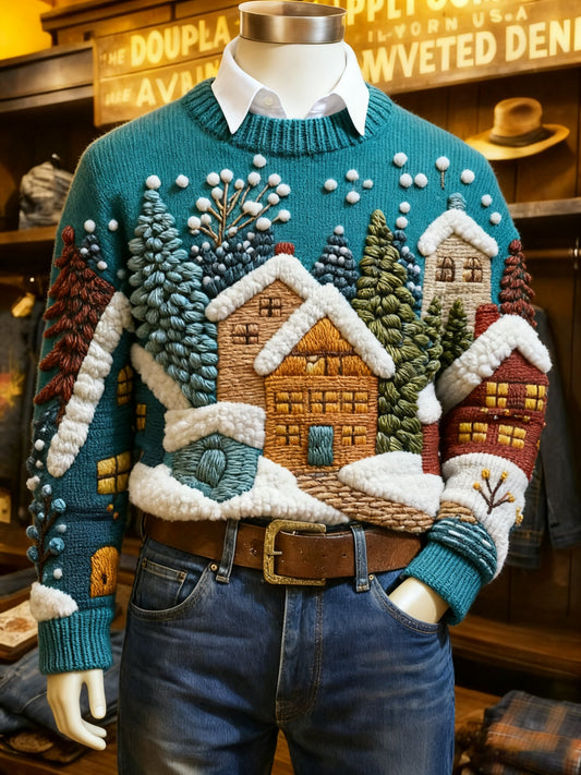 Men's Crew Neck Holiday Print Knit Sweater