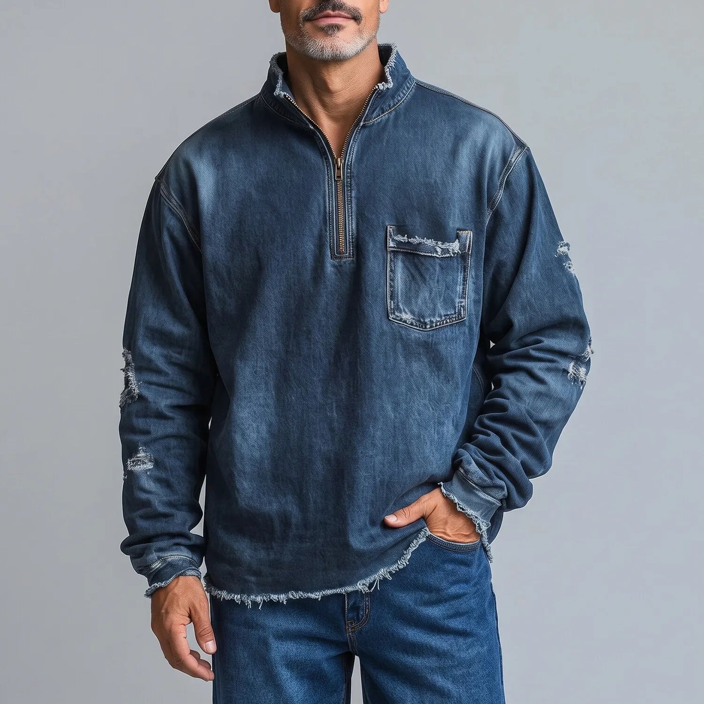 Men's Vintage Stand Collar Half Zip Chest Pocket Frayed Hem Long Sleeve Pullover Denim Sweatshirt