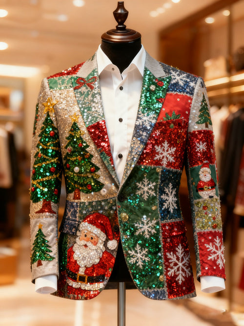 Men's Christmas Casual Print Large Pocket Blazers
