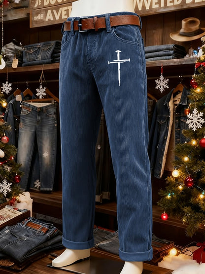 Men's Vintage Faith Cross Design Corduroy Casual Pants