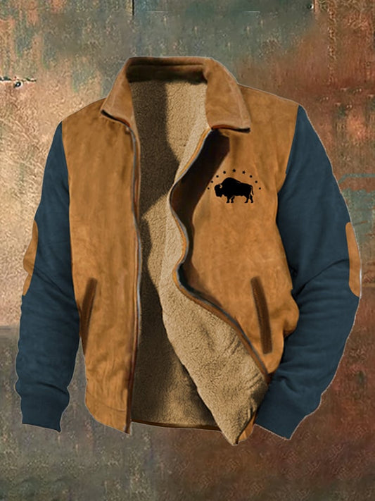 Men's vintage western hunting patchwork warm fleece jacket