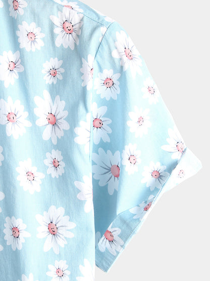 Men's Blue Daisy Floral Summer Button Up Hawaiian Short Sleeve Shirt