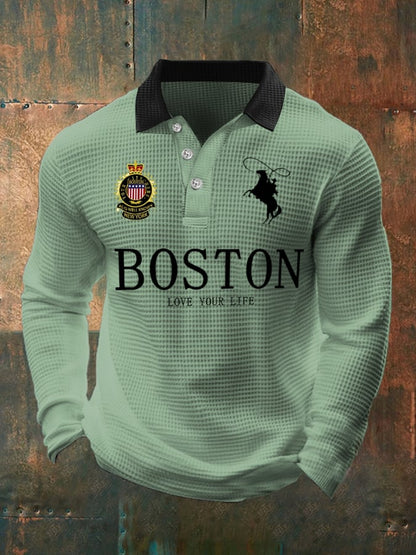 Men's Retro Business Casual Waffle Fabric Long Sleeve Polo Shirt