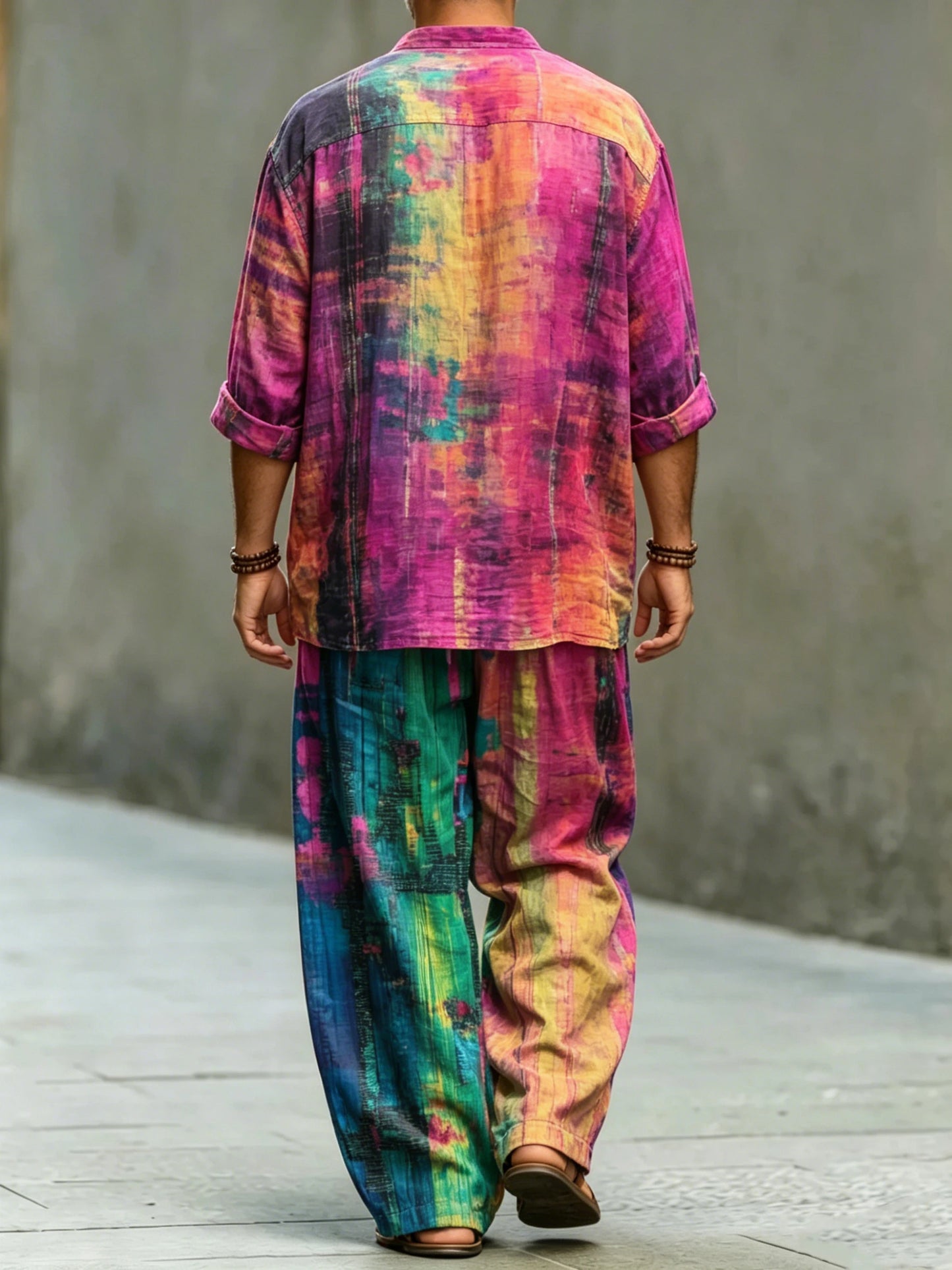Men's Fashionable Abstract Art Print Cotton Shirt Set