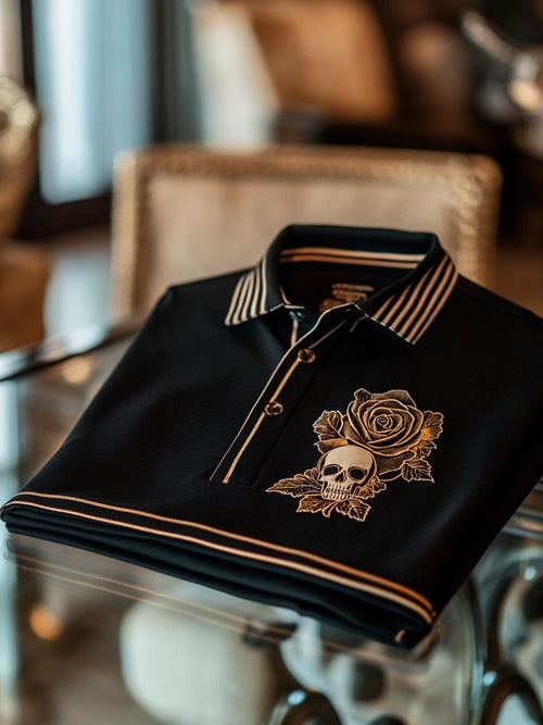 Men's Business Casual Black Skull Rose Logo Button Short Sleeve Polo Shirt