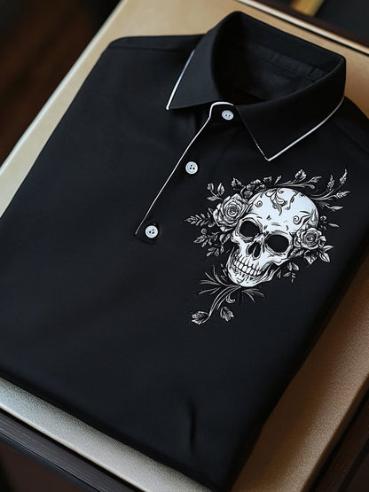 Men's Business Casual Skull Print Button Short Sleeve Polo Shirt