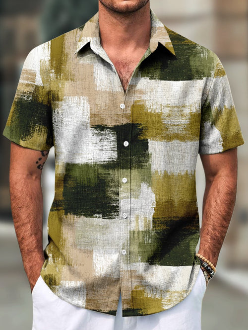 Men's Retro Casual Short Sleeve Faux Linen Lapel Shirt