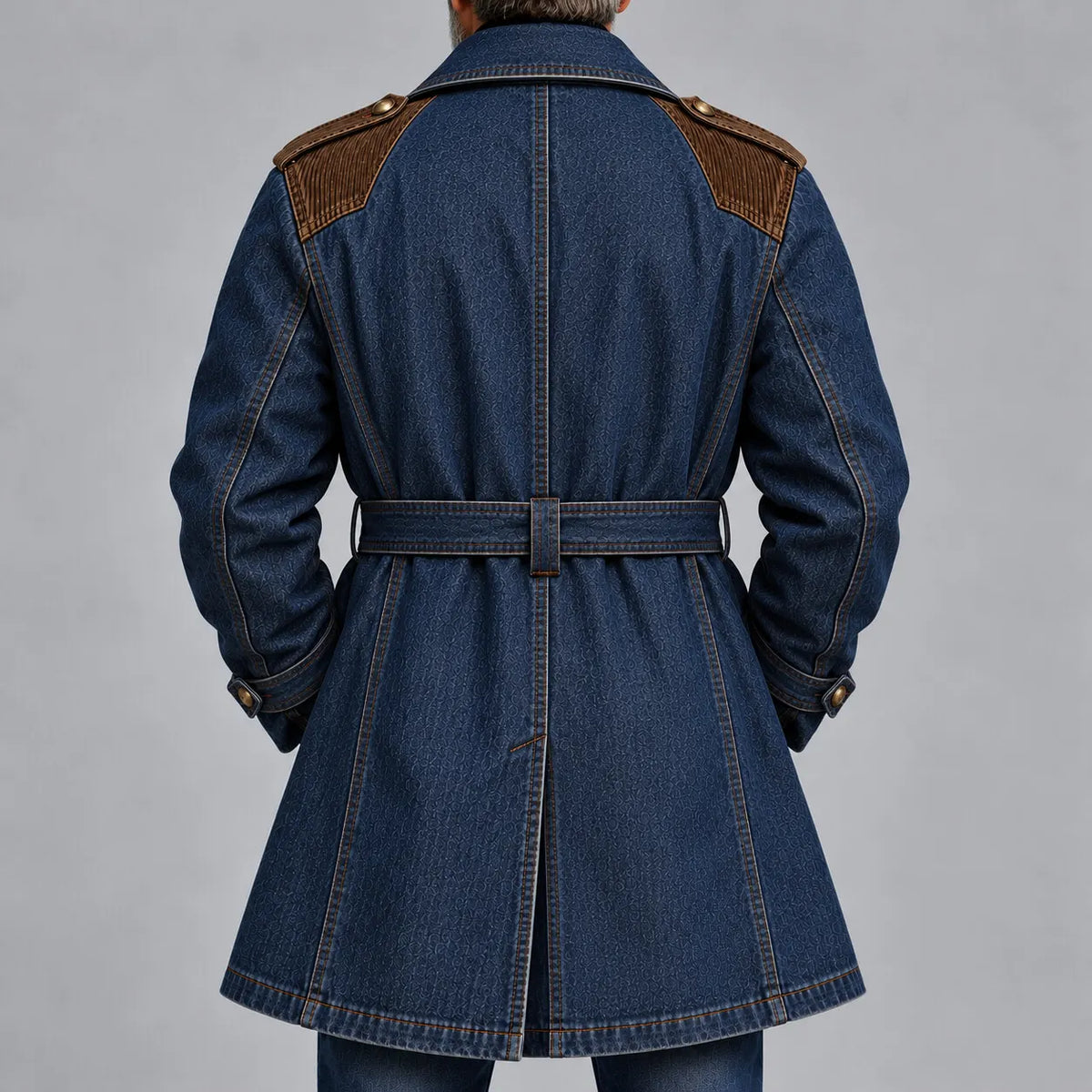Men's Dark Blue Corduroy Patchwork Lapel Collar Single Breasted Belted Denim Trench Coat