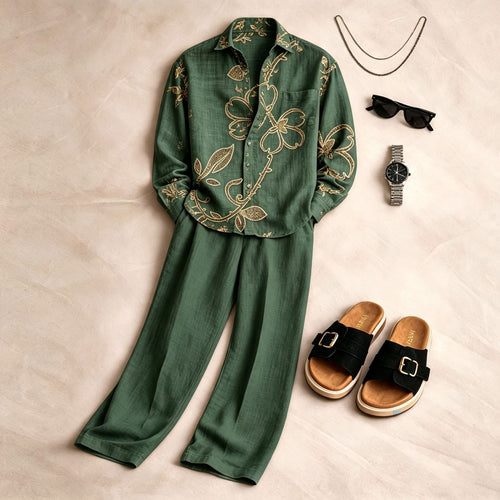 Men's Green Long-Sleeve Shirt and Pants Set