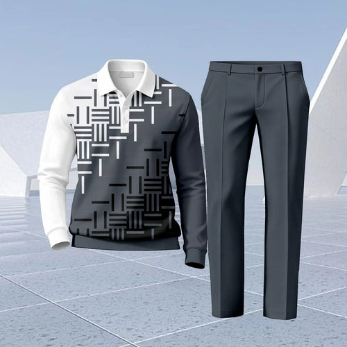 Men's Two-Piece Set: Geometric-Print Polo Shirt and Pants