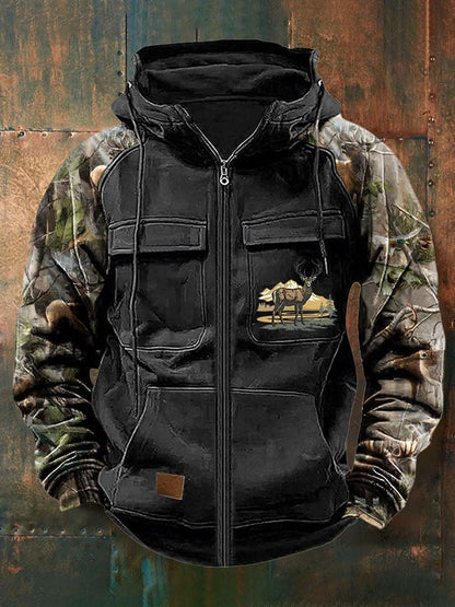 Men's Vintage Western Deer Print Multi-Pocket Jacket