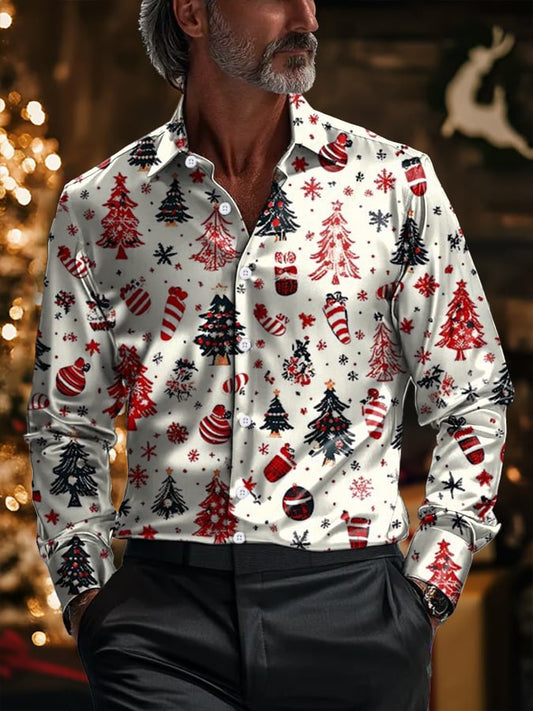 Men's Luxury Christmas Contrast Color Print Long Sleeve Shirt