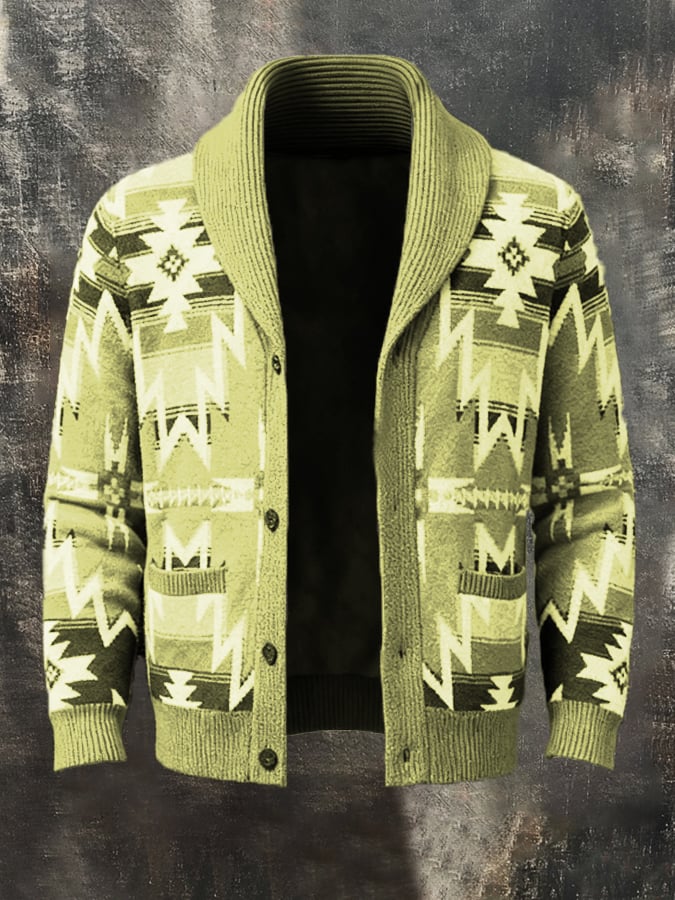 Men's Retro Contrast Pattern Knitted Cardigan Jacket