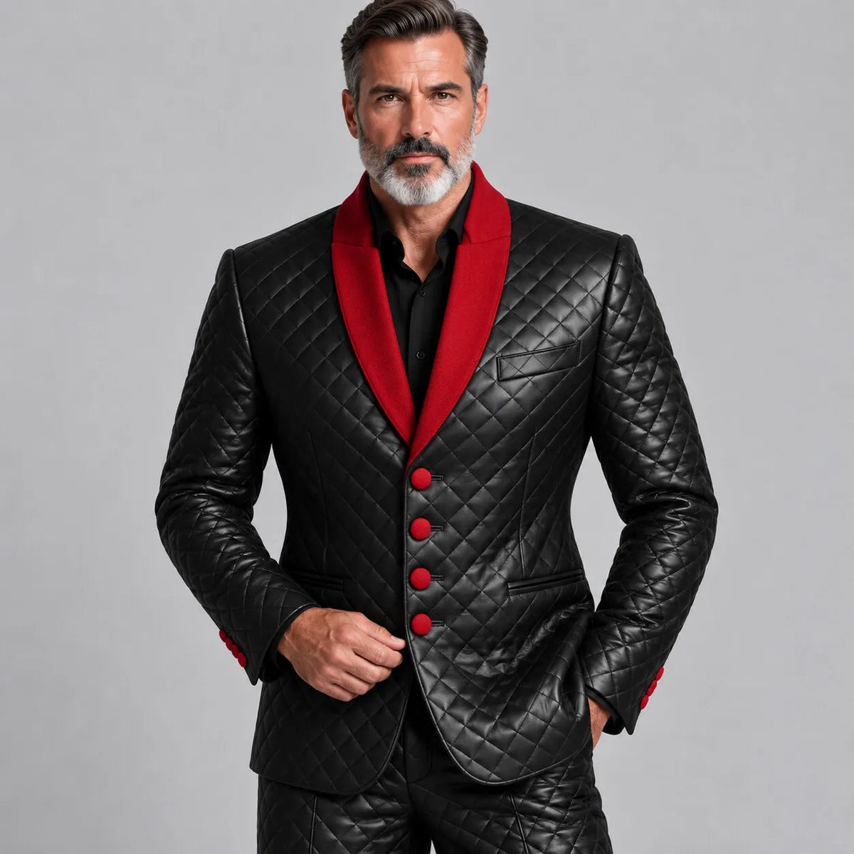 Men's Black PU Leather Contrast Shawl Lapel Single Breasted Slim Fit Quilted Jacket
