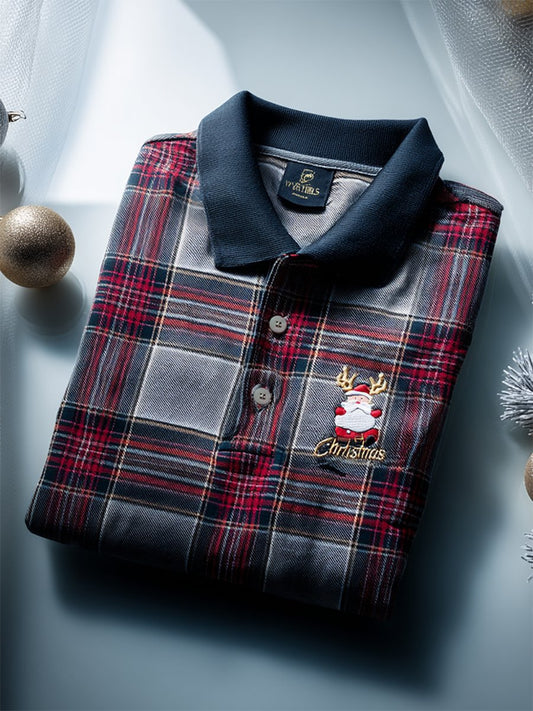 Men's Christmas Plaid Long Sleeve Polo Shirt