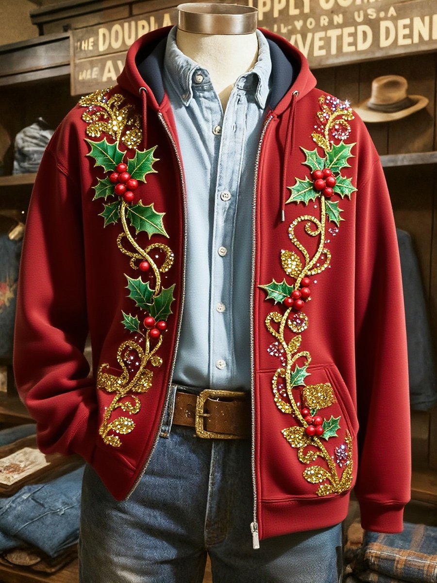 Christmas Holly Zip Hoodie Jacket
