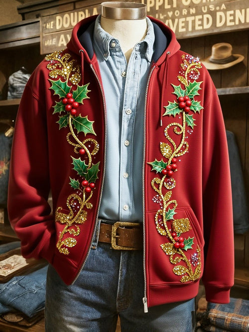 Christmas Holly Zip Hoodie Jacket