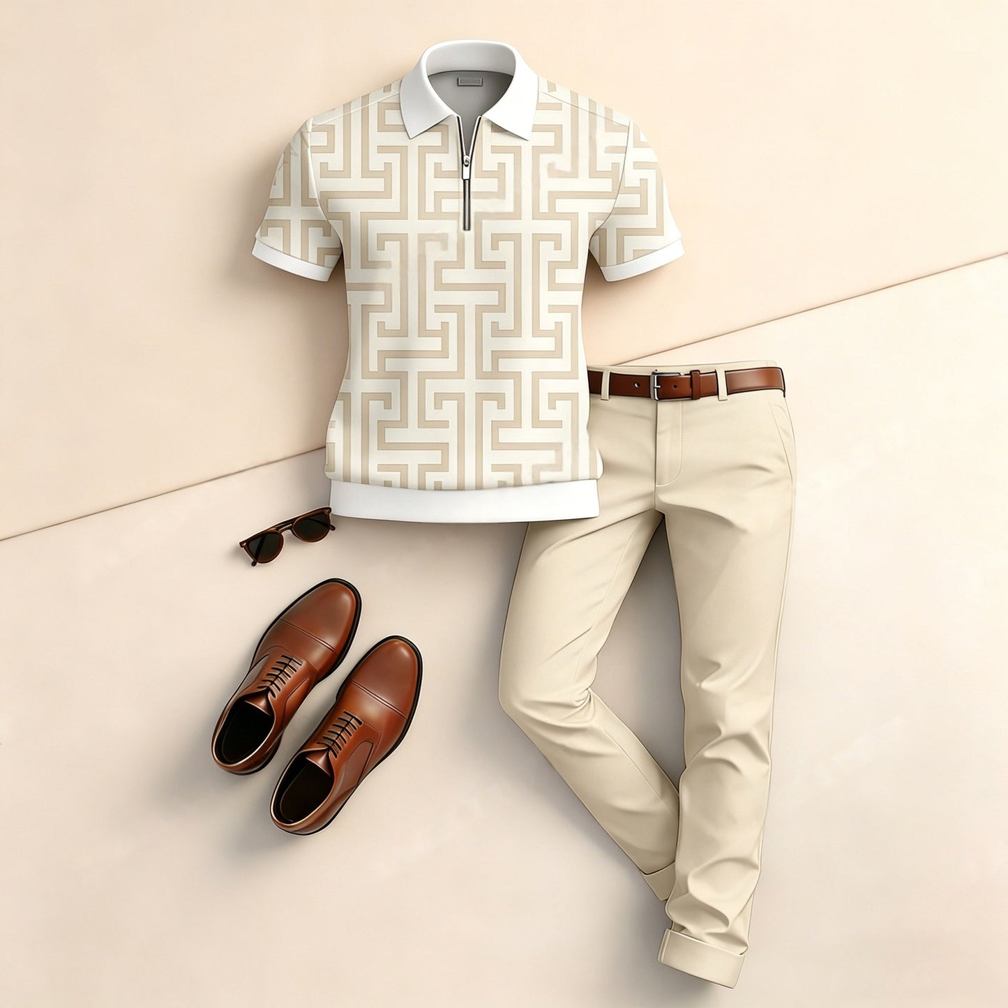 Men's Casual Beige-Bottomed Vintage Floral Print Short-Sleeve Polo Shirt And Pants Two-Piece Set