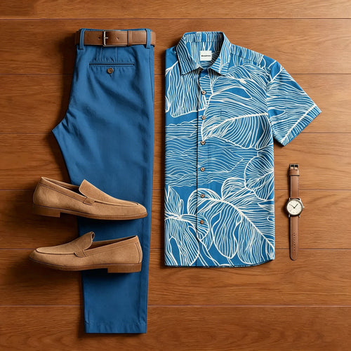 Men's White Leaves Print With Polo Collar Shirt & Pants Two-Piece Set