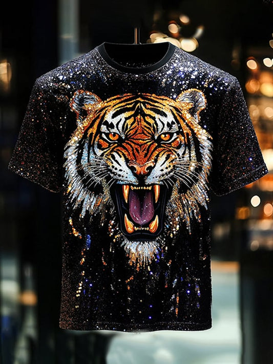 Men's Tiger Sequin Business Print Short Sleeve T-Shirt