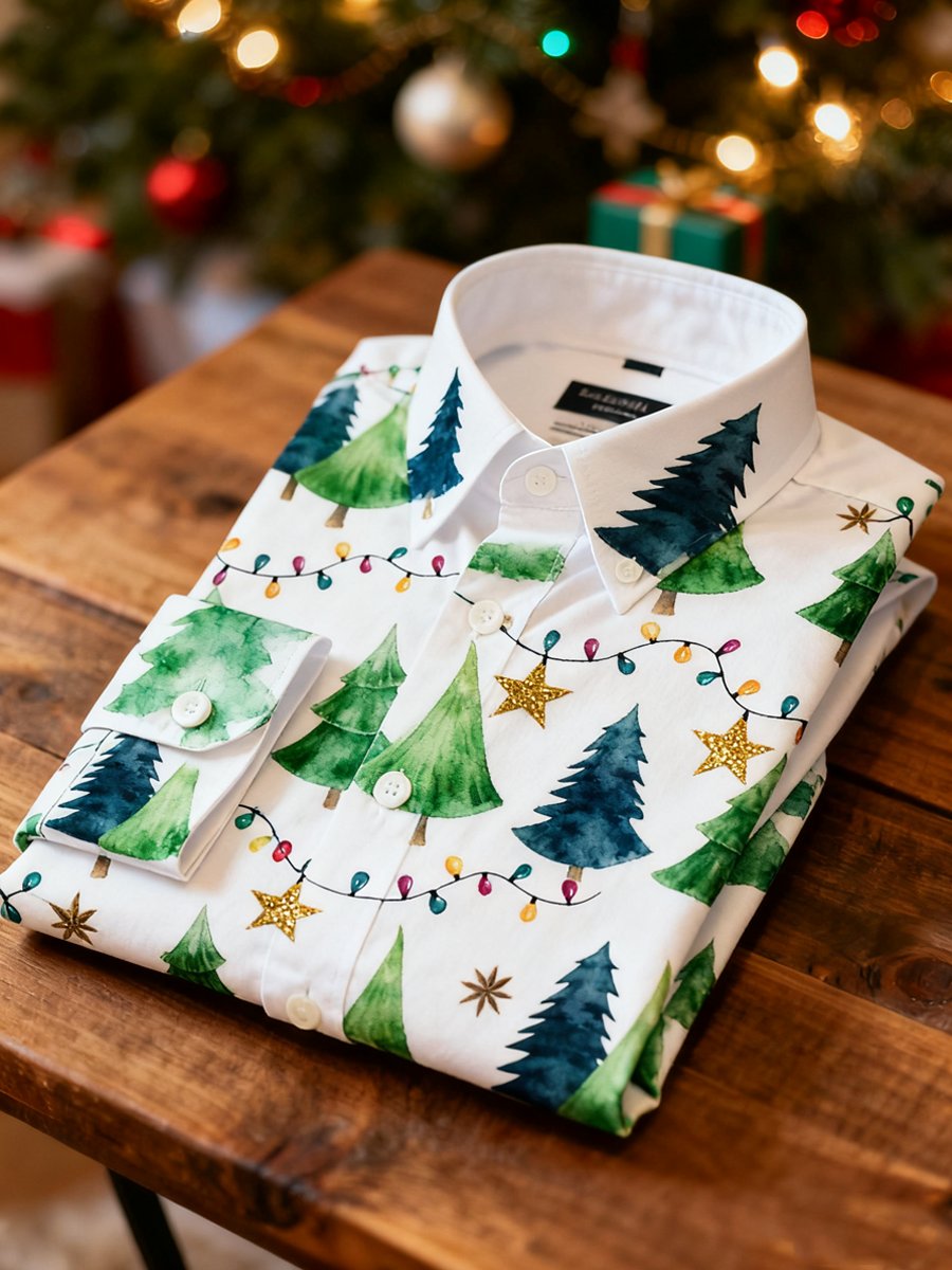 Men's Business Christmas Evergreen Tree Printed Long Sleeve Shirt