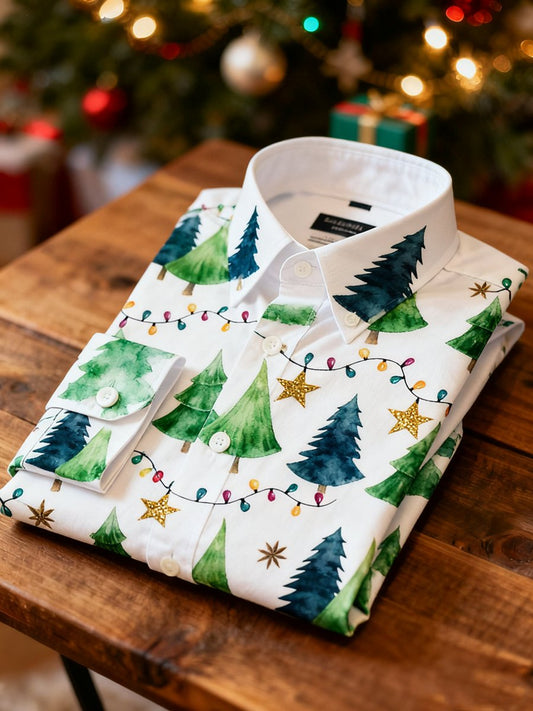 Men's Business Christmas Evergreen Tree Printed Long Sleeve Shirt