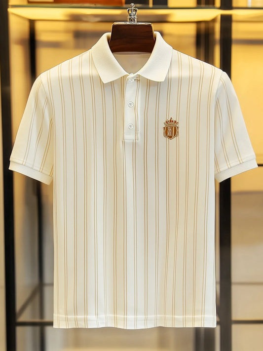 Men's Business Stripe Logo Button-Down Short Sleeve Polo Shirt