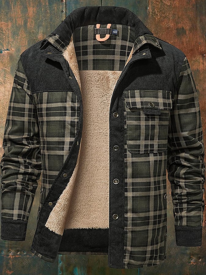 Men's Vintage Plaid Stand Collar Plus Velvet Autumn And Winter Jacket